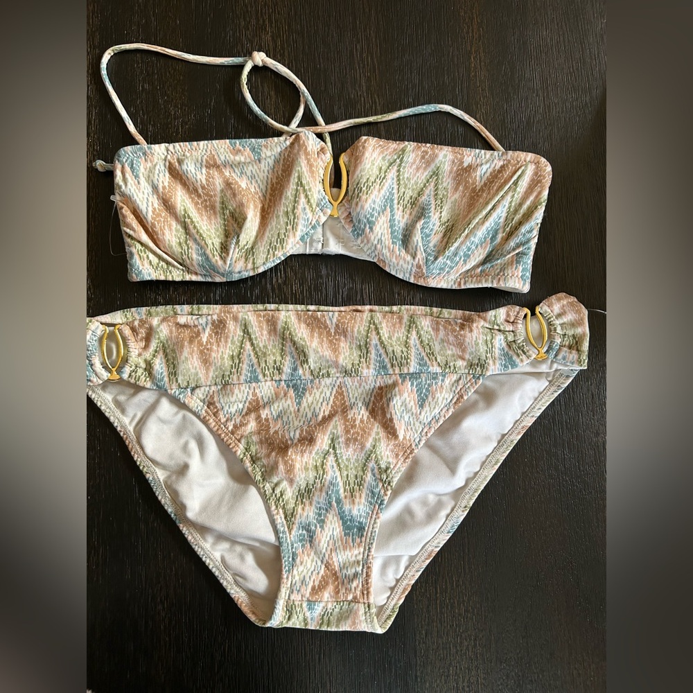 NWOT Shoshanna Zigzag Chevron Bikini Beige, Blue & Green Gold L & M/L C Y2K